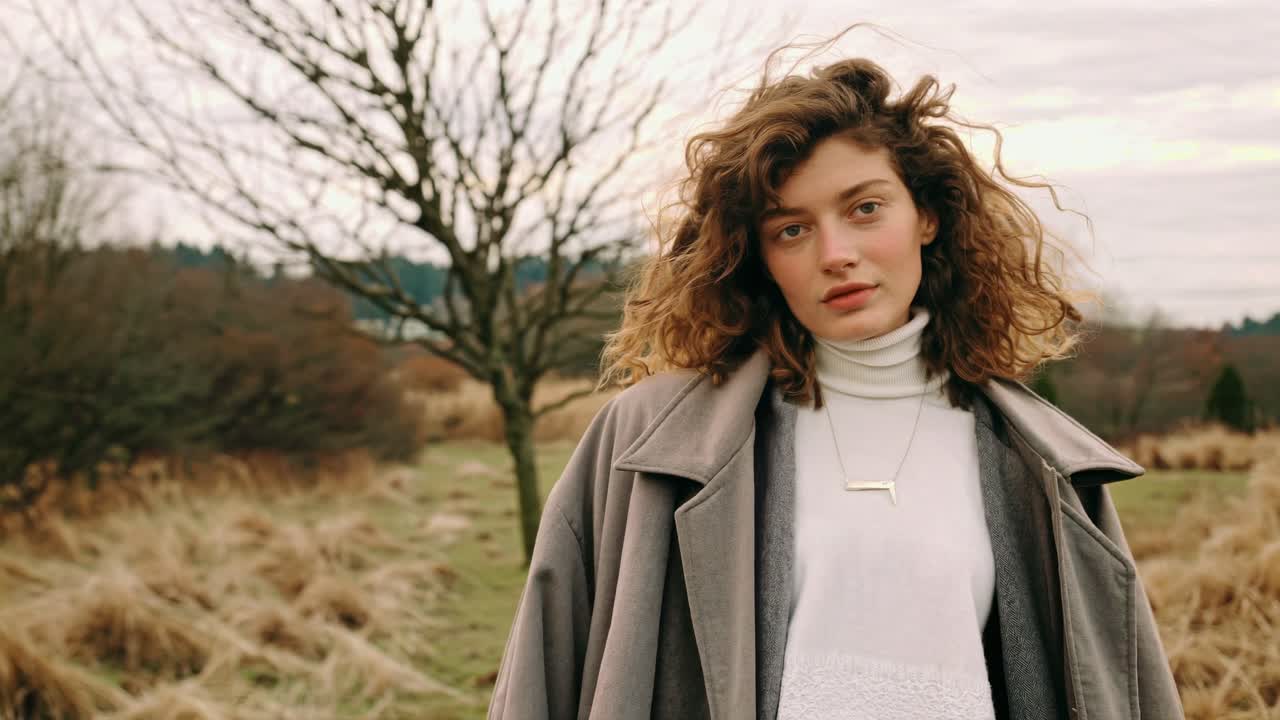 A woman with curly hair stands in a field, wearing a coat. The video captures her from a medium