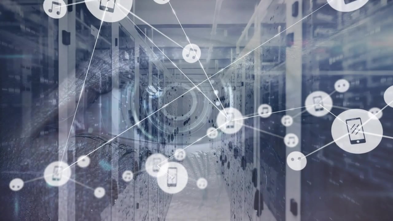 Digitalt øje overvåger serverrum med ikoner for netværksforbindelse