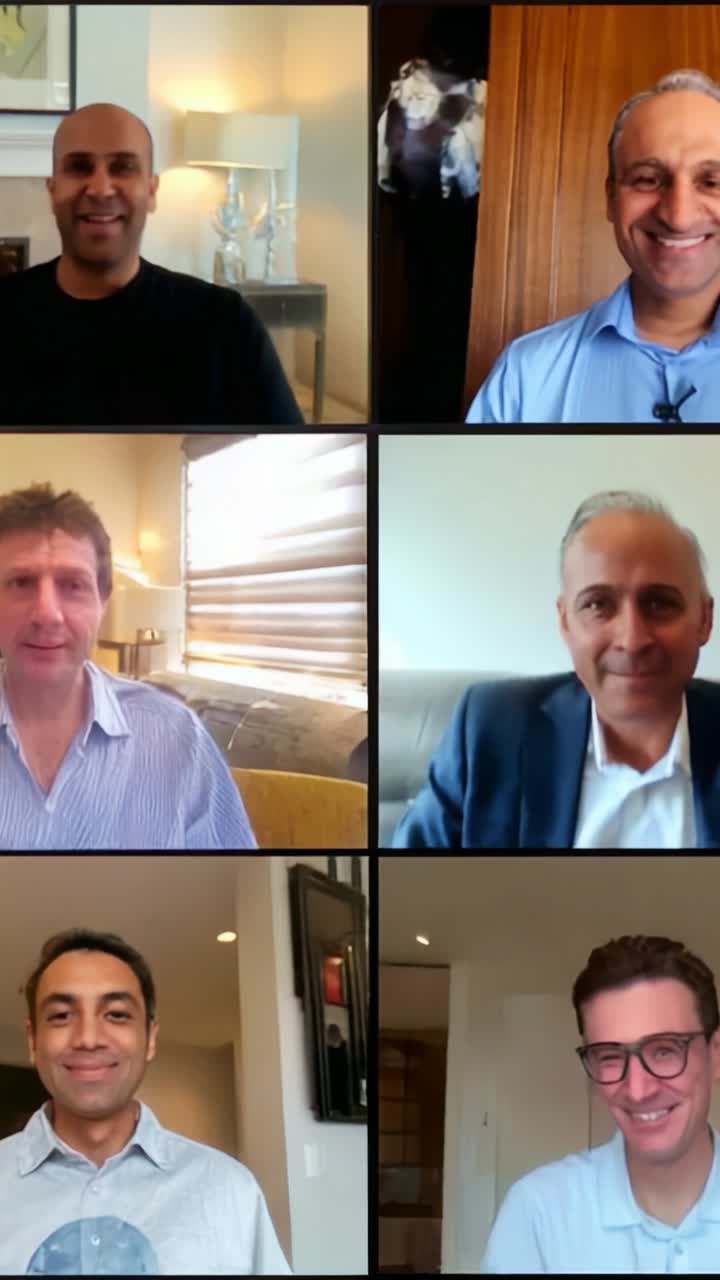 Group of Professionals Engaged in a Virtual Meeting in Split-Screen Format, Featuring Six Colleagues Displaying Positive Expressions and Dynamic Interactions