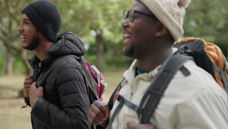 Hiking,-guy-friends-and-fist-bump-greeting-outdoor