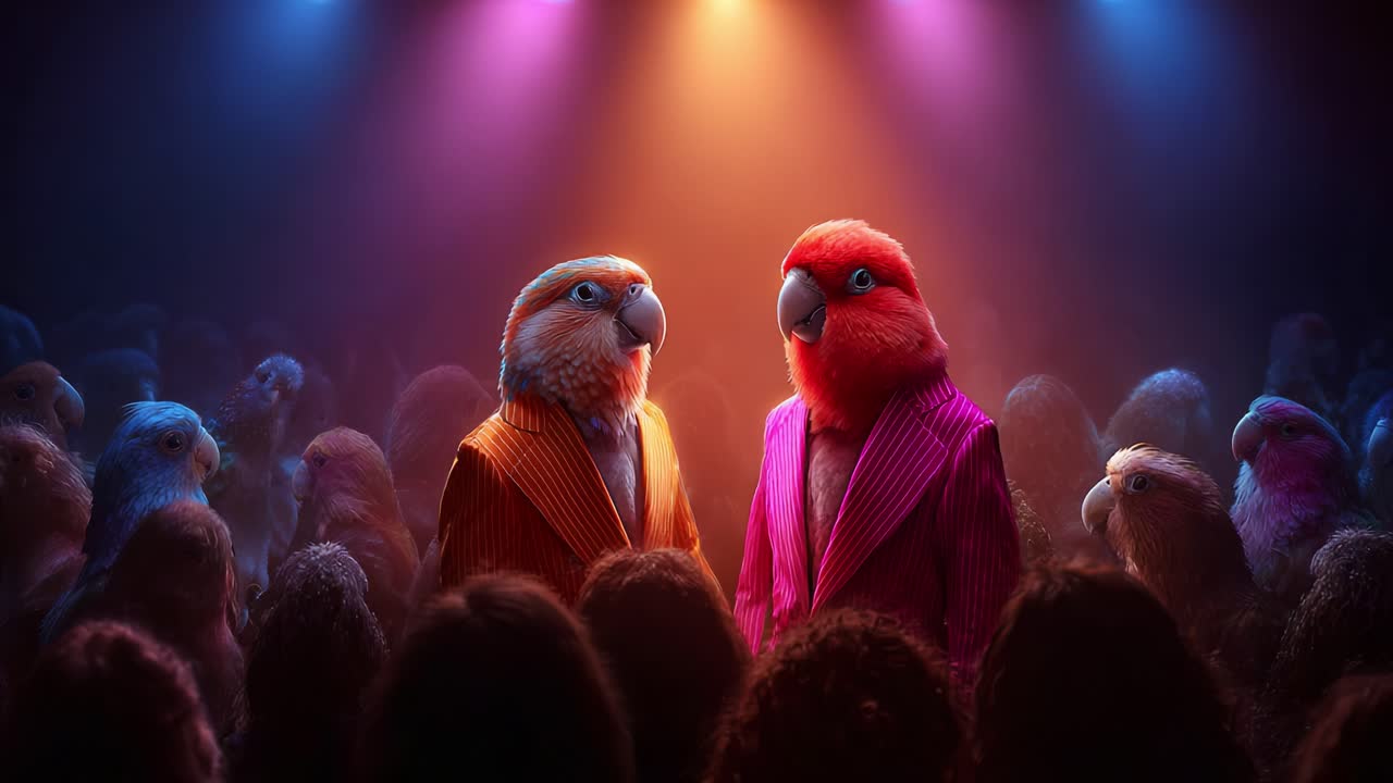 A Colorful Performance Featuring Parrots Dressed in Stylish Outfits Under Dramatic Stage Lights, Captivating an Enthralled Audience of Birds in a Vibrant Show Setting