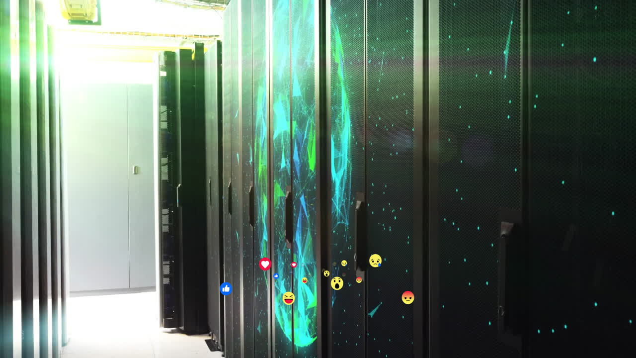 Server room with digital reactions and abstract blue-green animation on cabinets