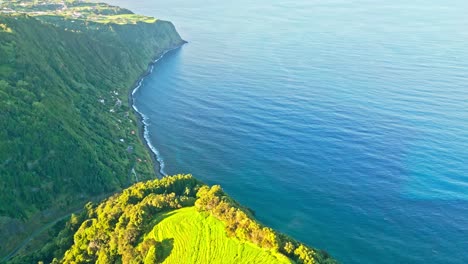 Lush-green-fields-near-the-ocean-in-ponta-da-madrugada,-portugal,-aerial-view