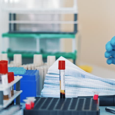 medical nurse in blue protective gloves uses laboratory equipment in clinic. hands of a laboratory technician are working with samples in tubes on a table.