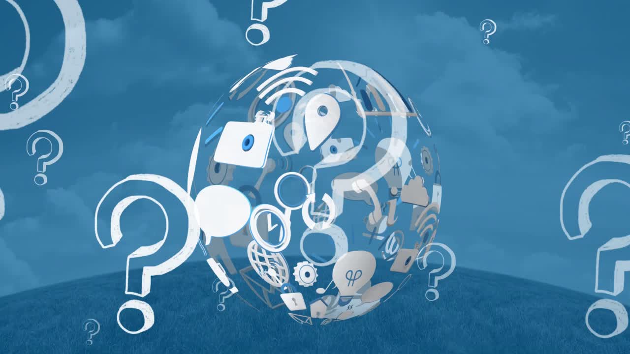 물음표, 디지털 아이콘 및 파란색 배경에 회전하는 지구의 애니메이션