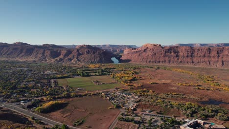 drone shot over moab, utah looking at the colorado river