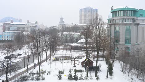 kyiv, ukraine: a serene urban landscape blanketed in snow, with bare trees and distant city architecture. this picturesque scene captures the stark beauty of the capital under cold winter skies.