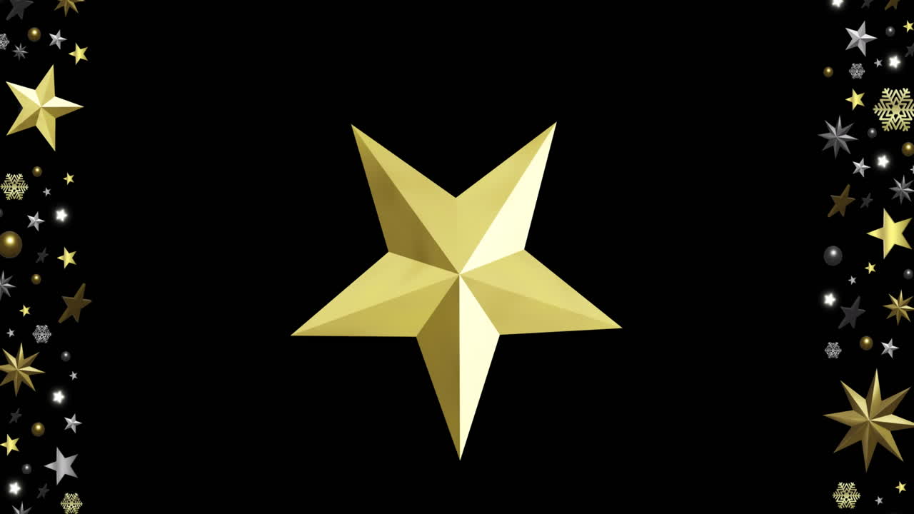 Animation of gold star spinning over christmas decorations on black background