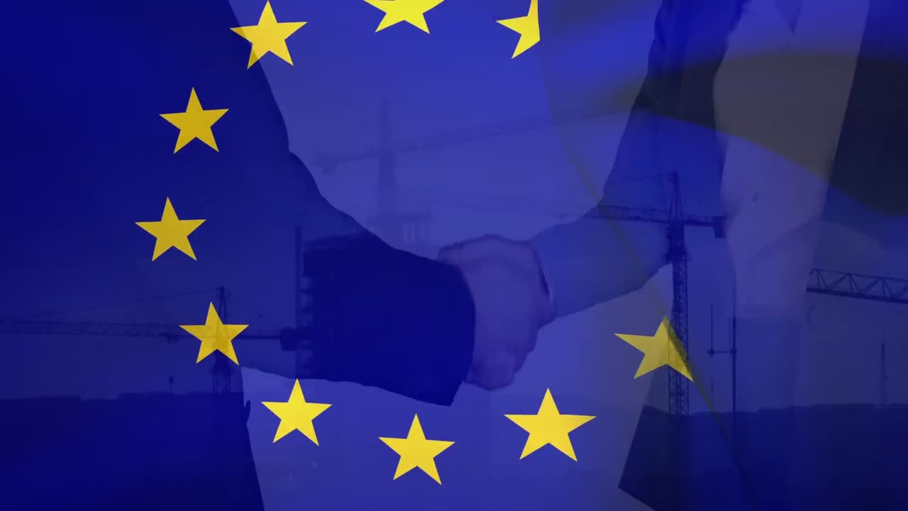 Bandiera dell'UE con uomini d'affari che si stringono la mano sullo sfondo