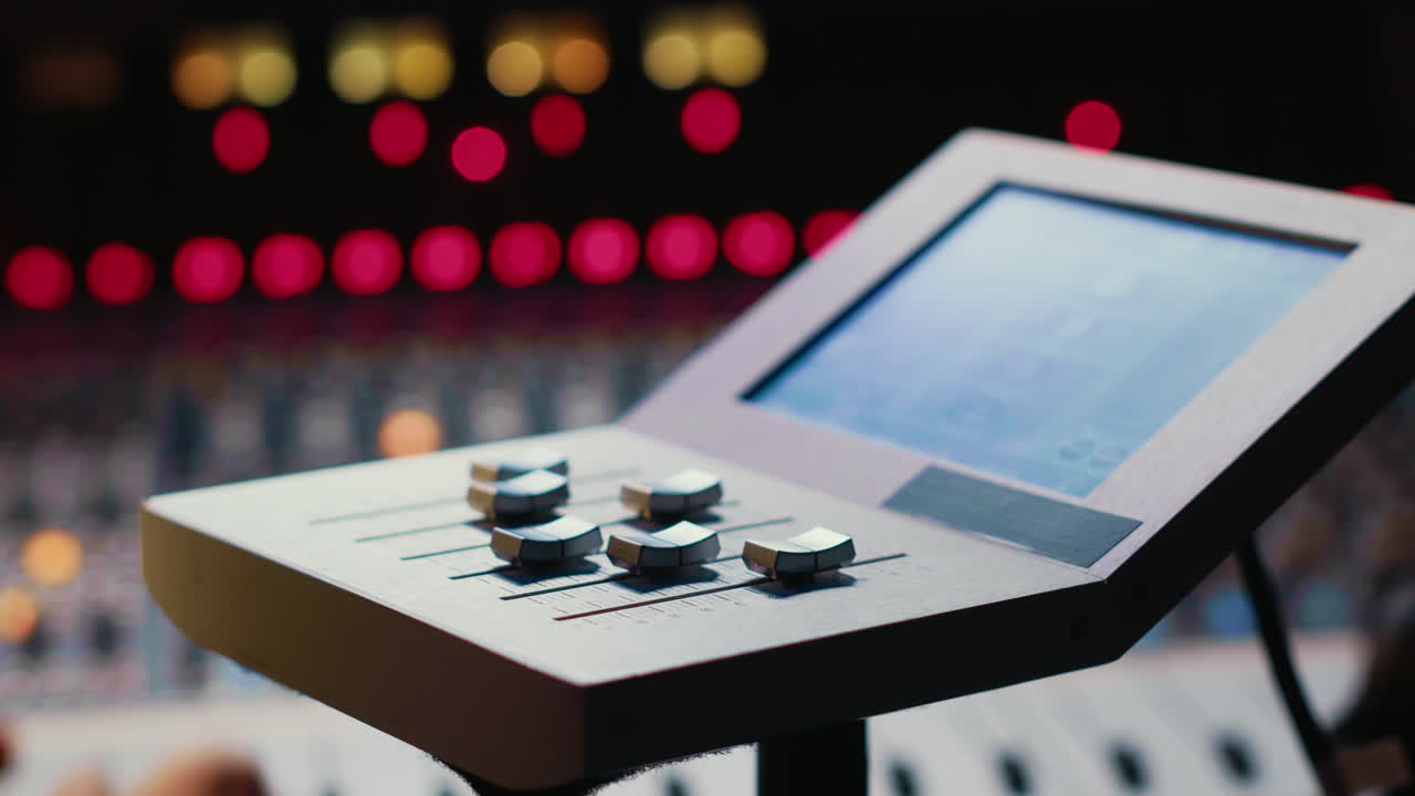 ingeniero de audio que trabaja con consolas de mezcla y faders motorizados