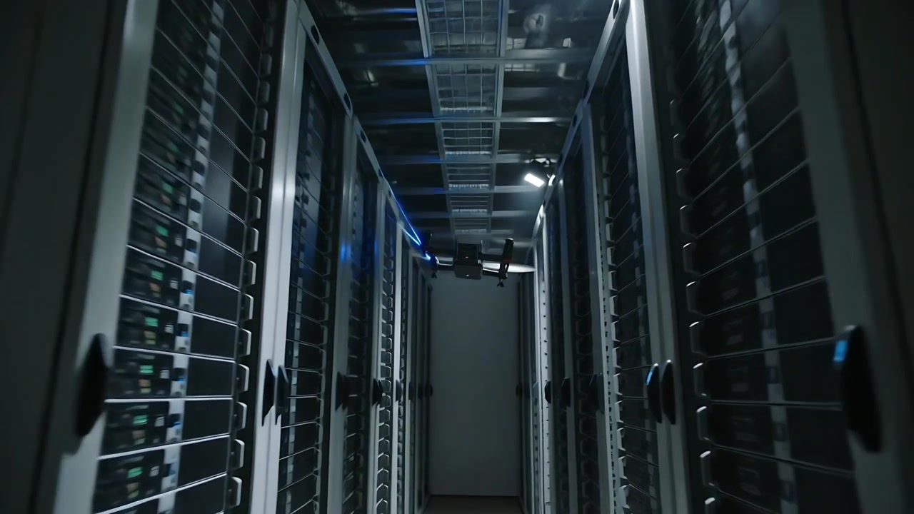 Autopilot engaging, black inspection drone advancing down server room aisle, emitting blue LED beam