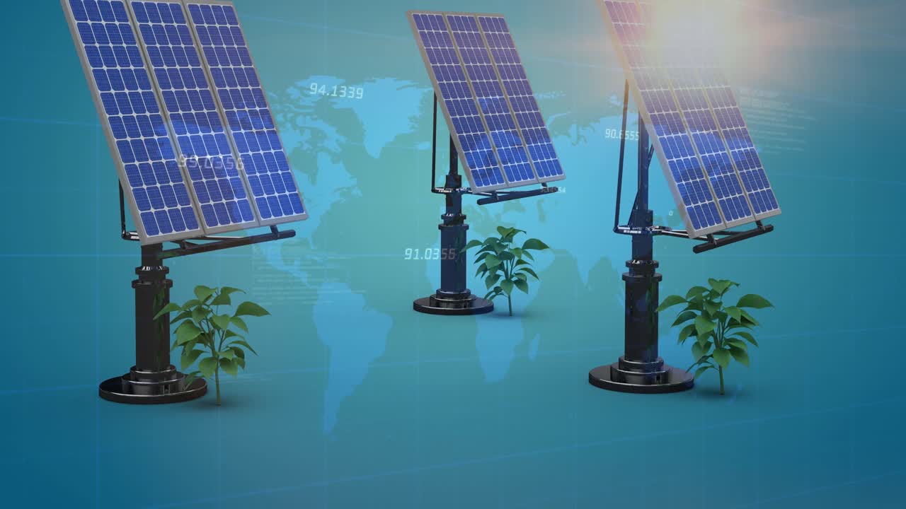 세계 지도와 숫자 위에 태양 전지판의 애니메이션