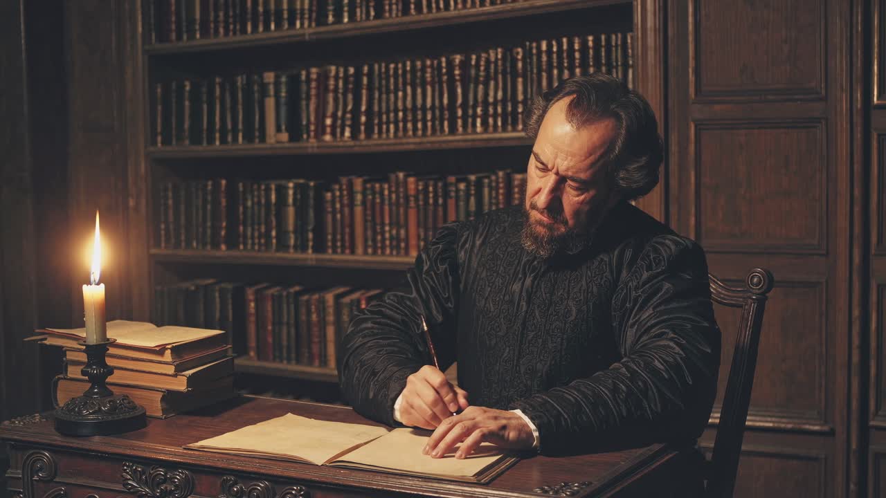 Una escena de vídeo histórica con un hombre escribiendo a la luz de las velas en una biblioteca