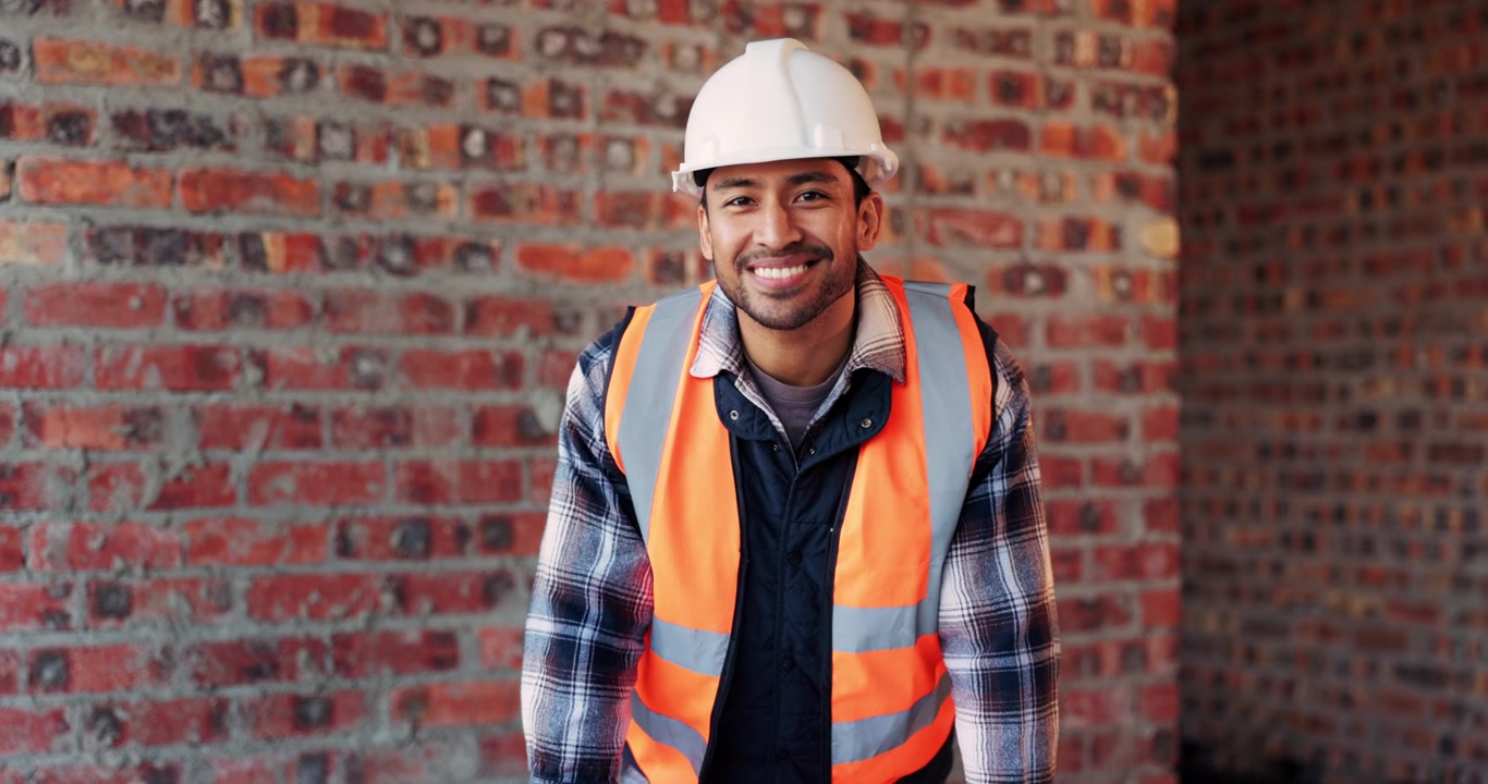 Smiling Construction Worker Wearing Safety Gear at Building Site