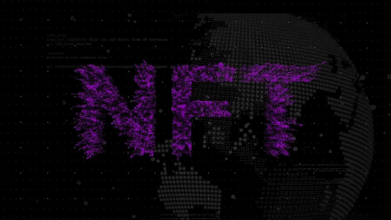 Animation of nft text over data processing with globe on black background
