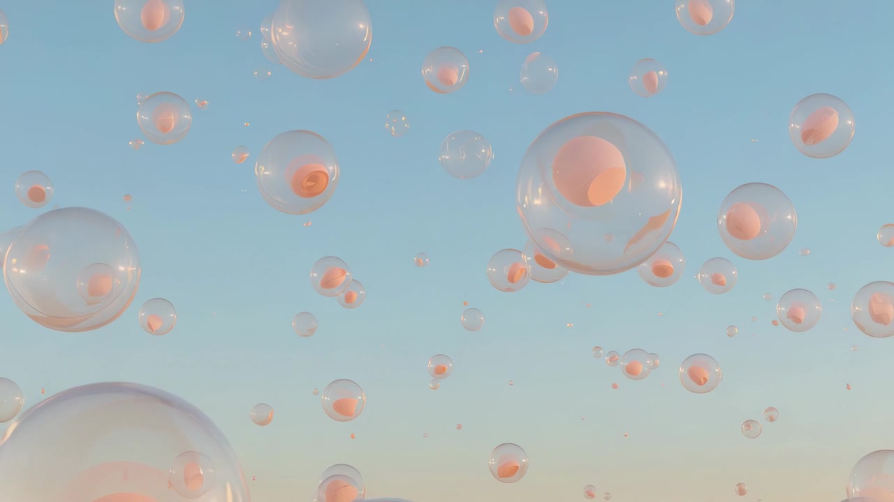Drifting clear peach-cored bubbles moving forward across pale blue sky, triggered by forward shift