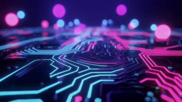 Scheda di circuito futuristica con flussi di dati luminosi e sfere fluttuanti