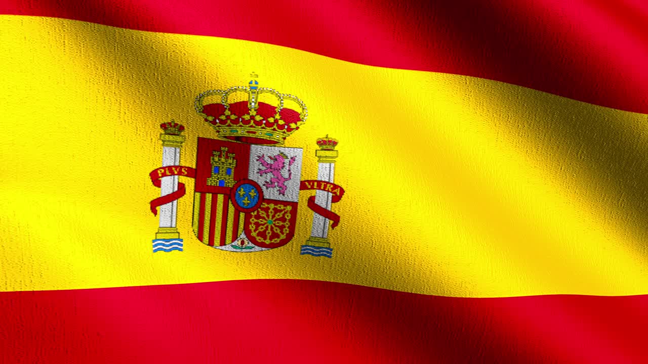 bucle sin costura 4k vdo. bandera nacional de españa soplando en el viento aislado. diseño abstracto patriótico oficial. ilustración de renderización 3d del símbolo de la señal ondulante.
