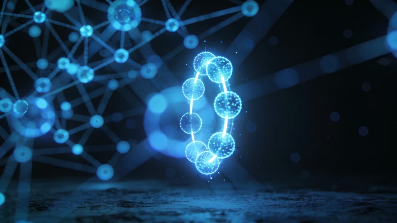 Video verticale: anello olografico in riproduzione, che ruota in un loop verticale ed emette scintille tecnologiche.
