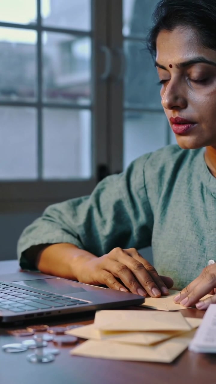 Vertical video: Picking envelope woman in green kurta sorting bills at desk laptop coins