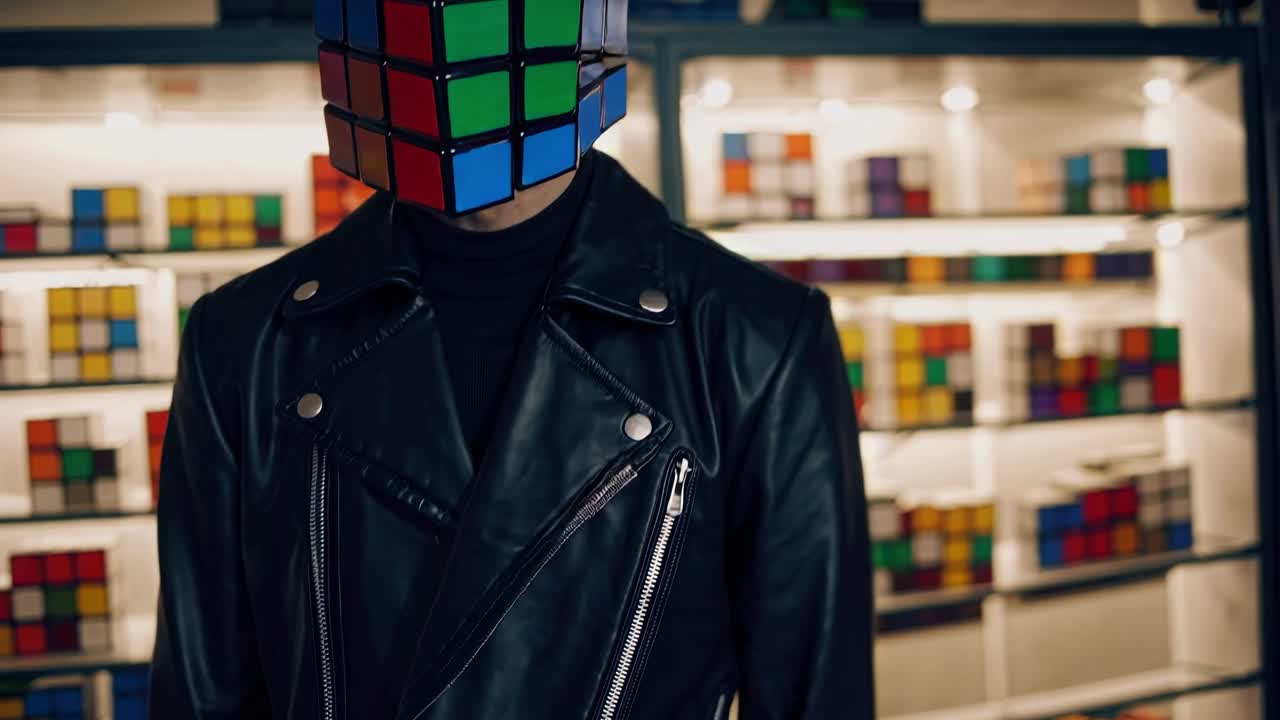 Leather clad person wearing intricate puzzle mask, obscuring identity while surrounded by colorful brain teasers in dimly lit indoor environment, highlighting mystery and intellectual challenge