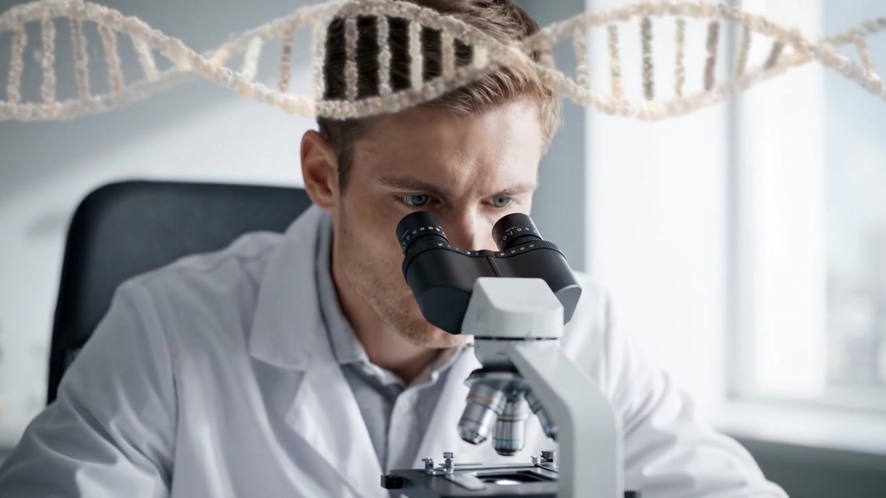 Scientist Examining Samples Under Microscope with DNA Strand Overlay in Modern Laboratory Setting, Focused on Genetic Research and Discoveries.