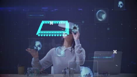 animación del procesador girando y los marcadores parpadeando sobre la mujer que usa auriculares vr