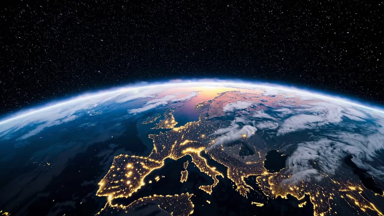 A stunning video showcasing Earth's curvature at sunrise, highlighting glowing city lights and vast