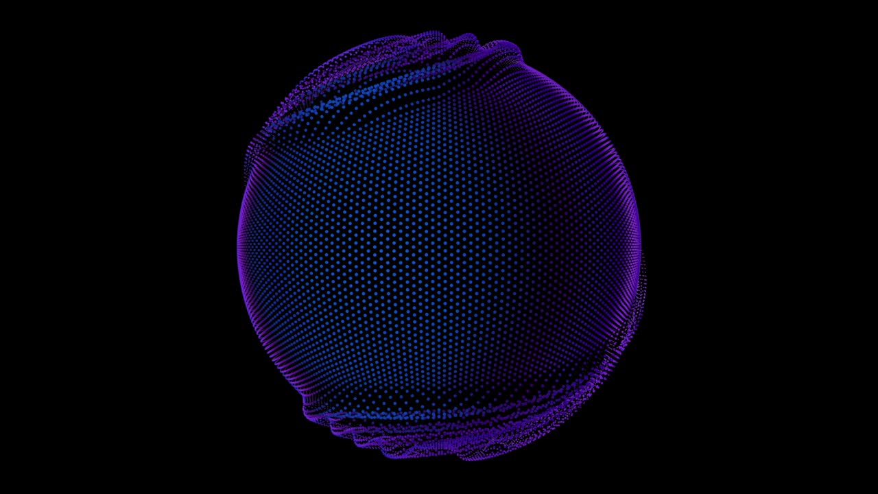 Distortion waves on abstract sphere of particles loop. Digital data splash of spherical point array. Round waveform UI element. Futuristic glitch