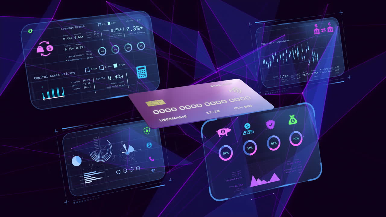 Animation of credit card with data processing over network of connections on black background