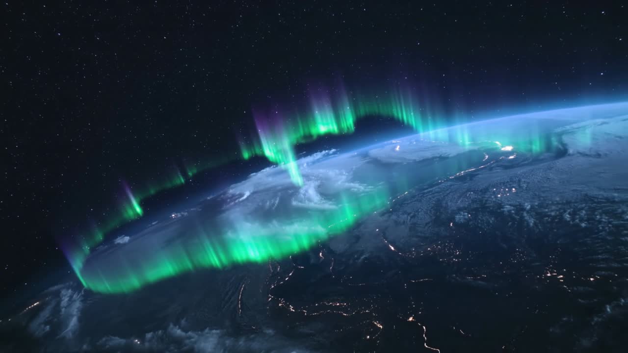 Dancing auroral curtain pulsing in orbit above polar Earth, storm driving rays, vortex, city lights
