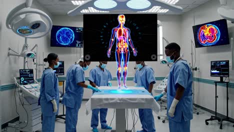 surgeons in an operating room with holographic anatomy