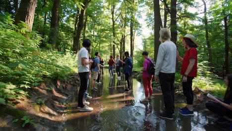 people hiking through a forest path with water