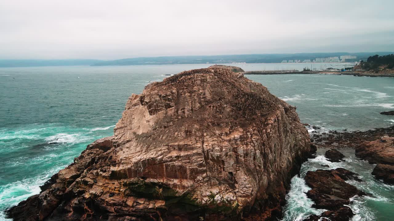 Revealing drone aerial of Piedra Blanca rock formation, Algarrobo, Chile, Pacific Ocean with seabird colony and turquoise crashing waves