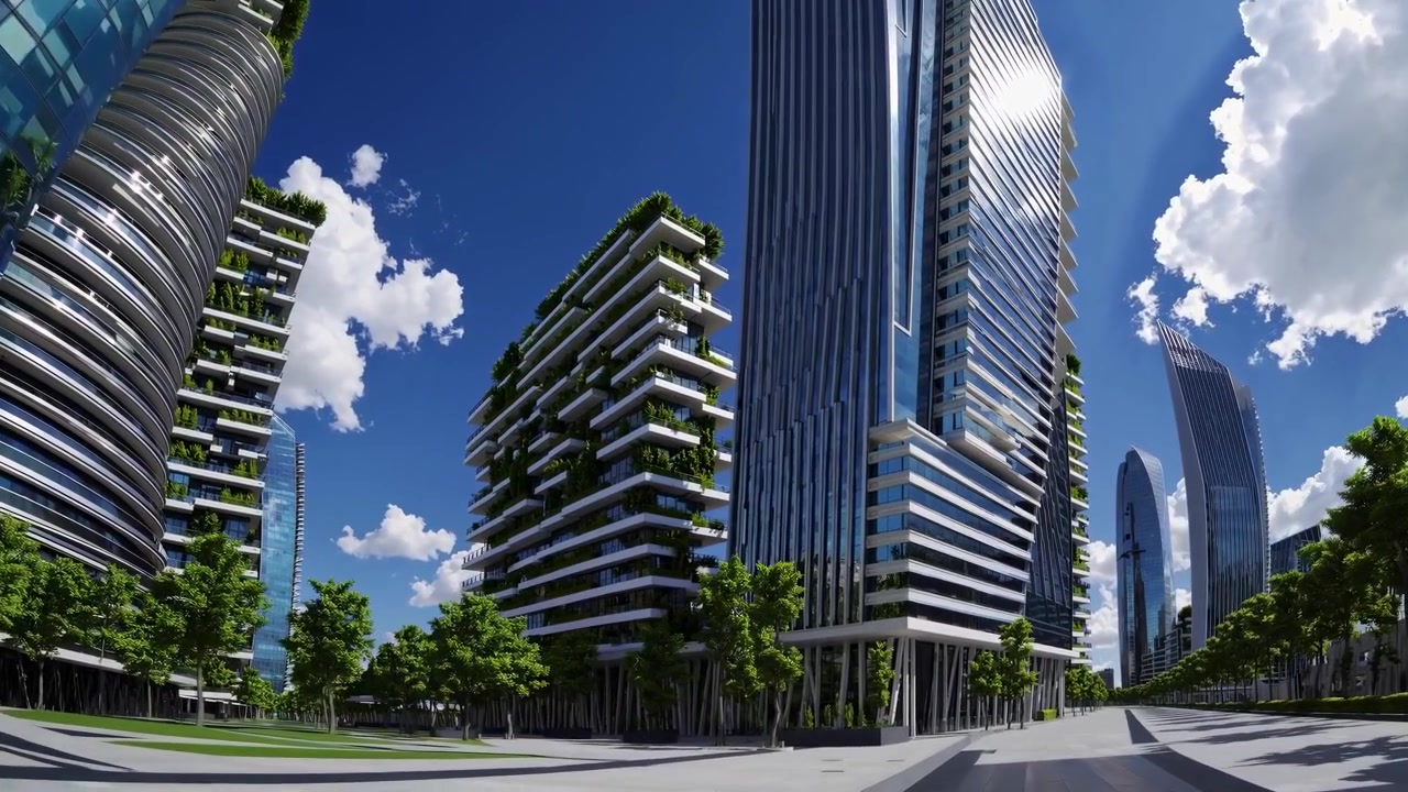 Grattacieli moderni e sostenibili con giardini verticali nel paesaggio urbano