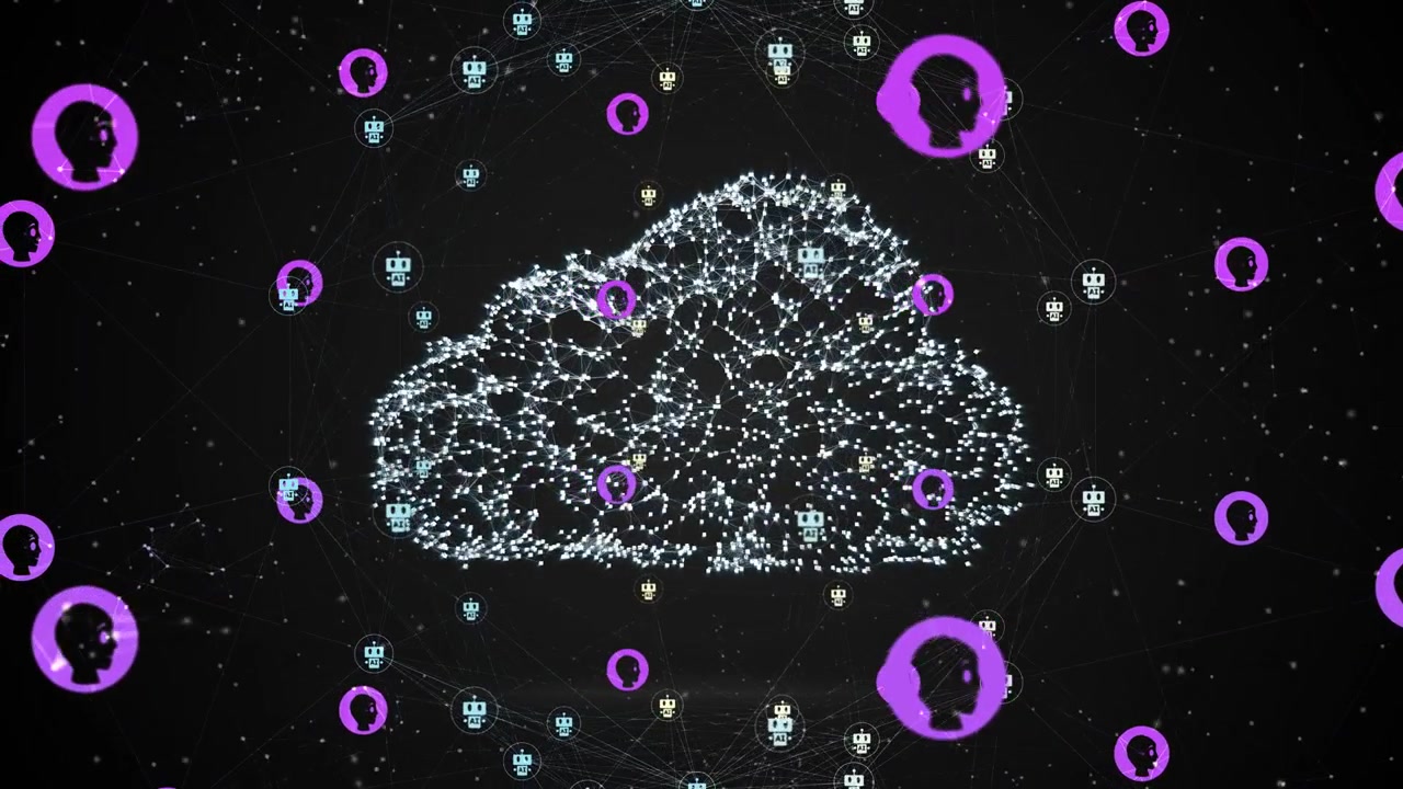 Initial node pulse starting central cloud forming, nodes moving inward and linking to show network
