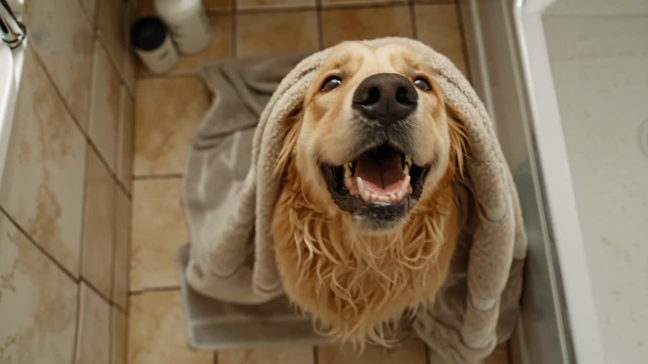 A joyful dog wrapped in a towel, viewed from a high angle. The warm, candid style evokes a cozy