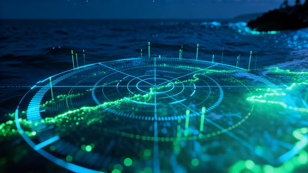 Appearing hologram mapping coast at night, pulsing nodes and rising data pillars near headland