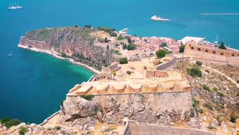 Nafplio-city-and-Palamidi-fortress-filmed-from-drone,-nice-view-of-mountain-and-sea