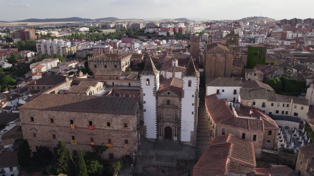 Aerial: C&aacute;ceres' Iglesia de San Francisco Javier church, Spain