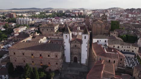 Aerial:-Cáceres'-Iglesia-de-San-Francisco-Javier-church,-Spain