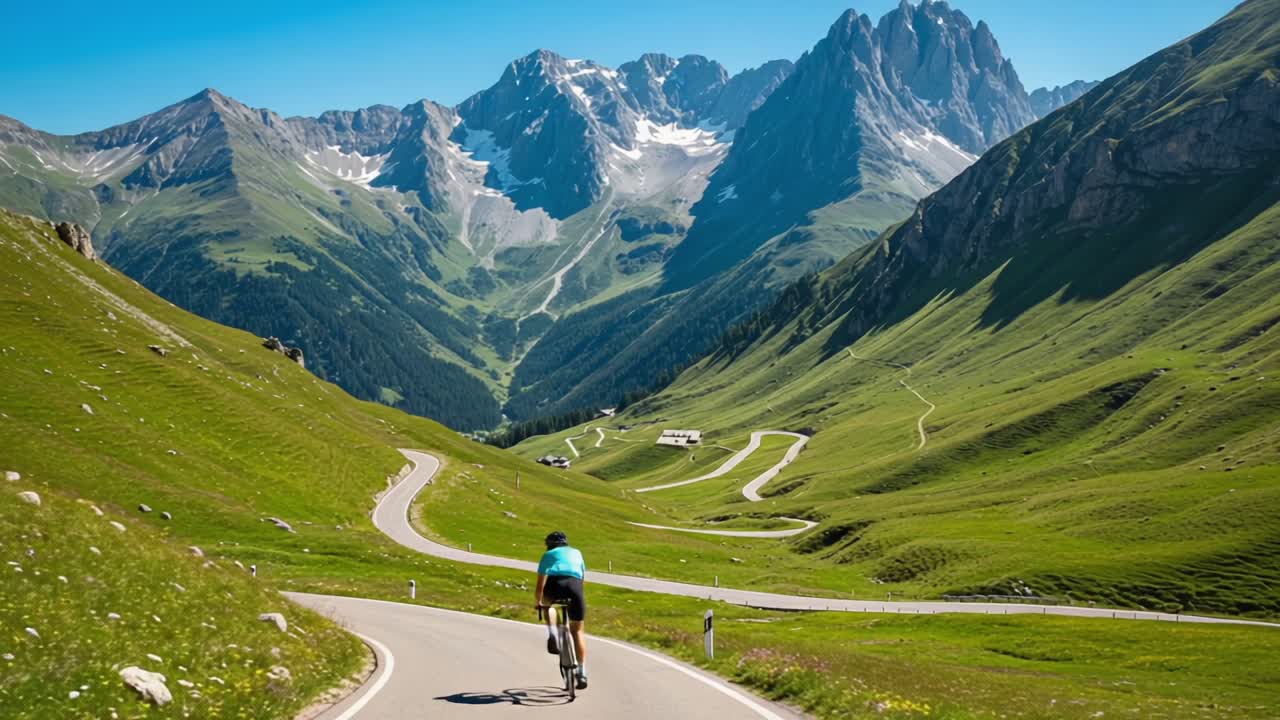 Cyclist Navigates Scenic Mountainous Terrain on a Winding Road with Stunning Views of Majestic Peaks and Lush Green Valleys Beneath a Clear Blue Sky