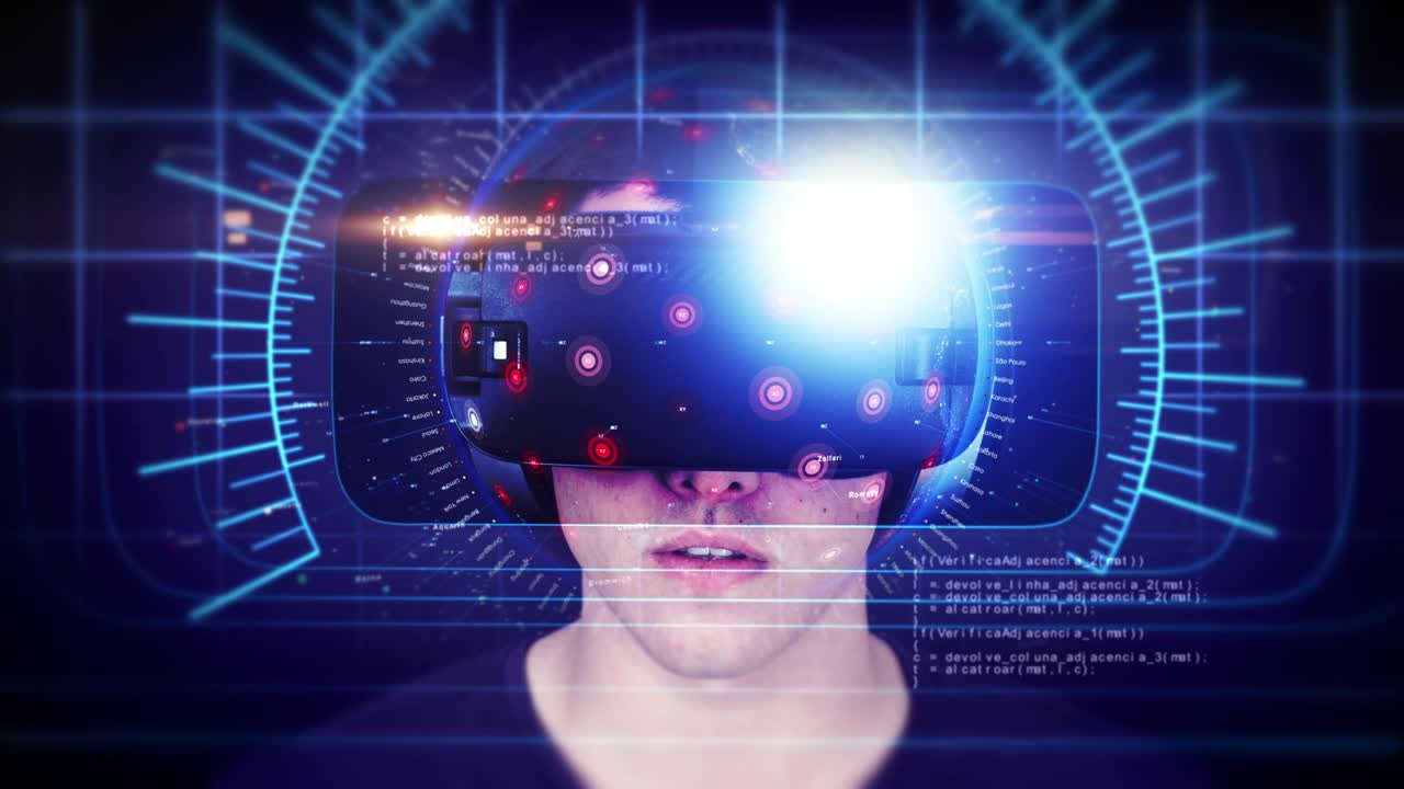 un joven guapo con auriculares vr y experimentando la realidad virtual.