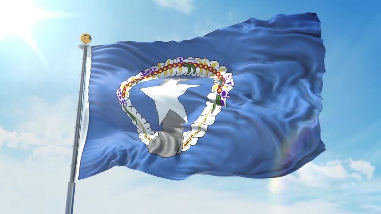 북부 마리아나 제도의 발이 깊은 파란 하늘을 배경으로 바람에 흔들리고 있습니다. 국가 테마, 국제 개념. 3d 렌더리 원활한 루프 4k