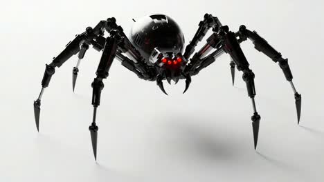 futuristic robotic spider with glowing red eyes and sleek black chassis, showcasing advanced design and movement capabilities in a minimalist environment