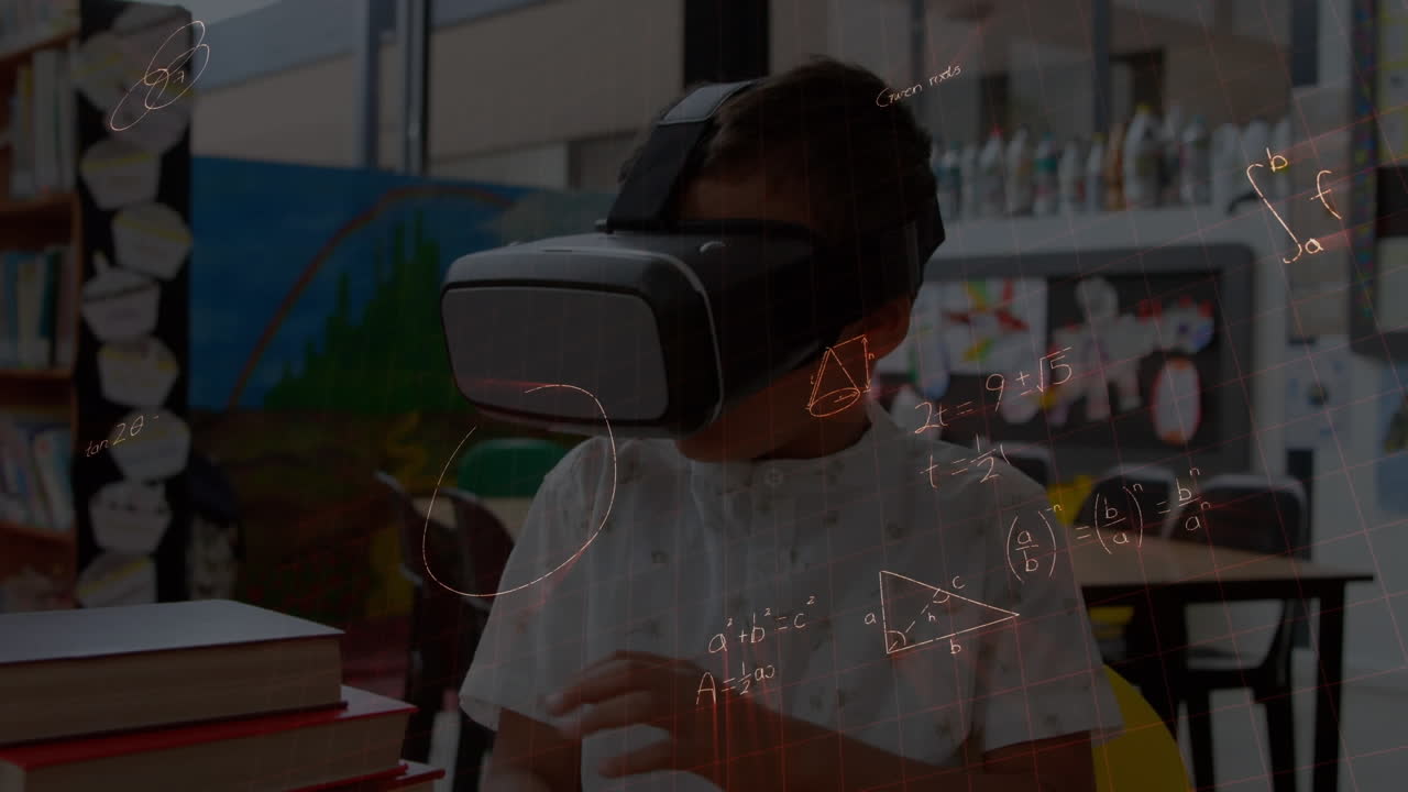 Animation of mathematical formulas over schoolboy using vr headset