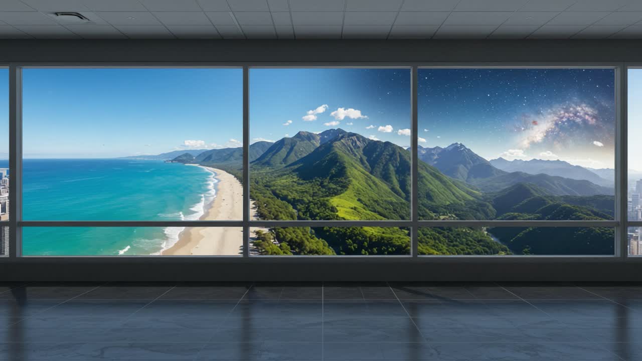 A Stunning Contrast Between Serene Daylight and Enchanting Night Sky Visible Through Large Windows Framing Coastal and Mountain Landscapes