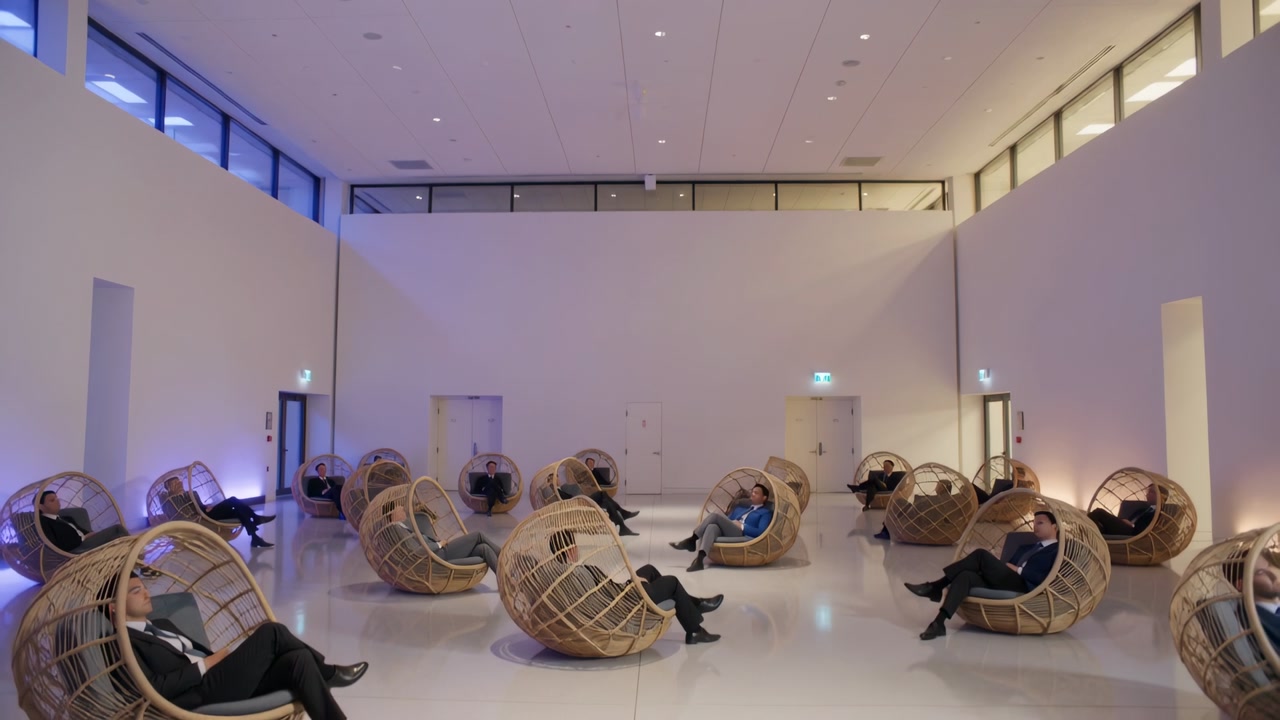 Advancing camera showing seated visitors in suits shifting while waiting in gallery, rattan chairs