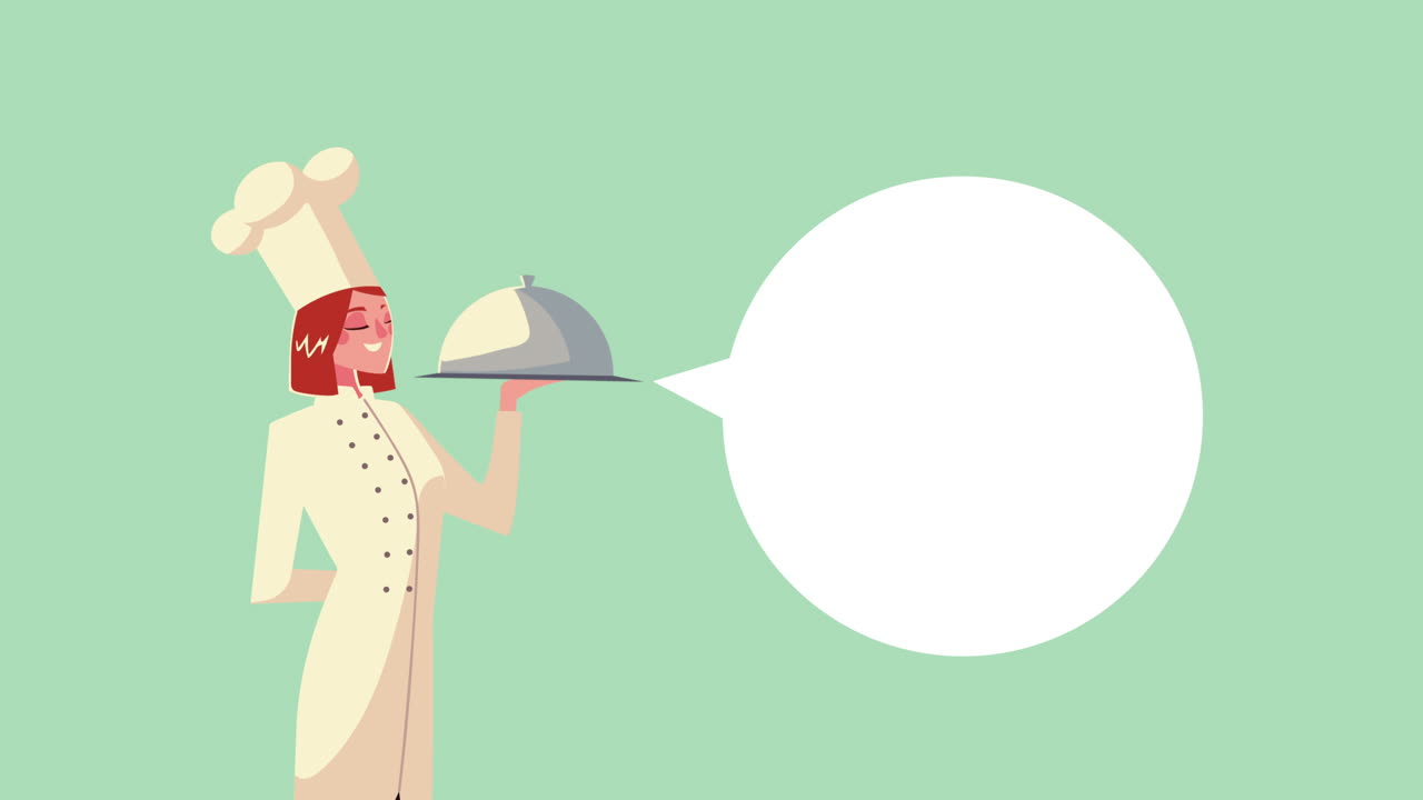 트레이 서버와 연설 버블 애니메이션을 가진 여성 요리사