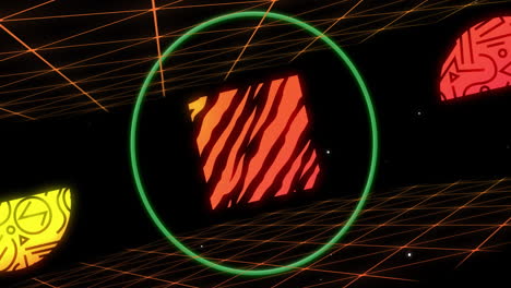 geometric patterns and shapes animation over red circle with abstract designs